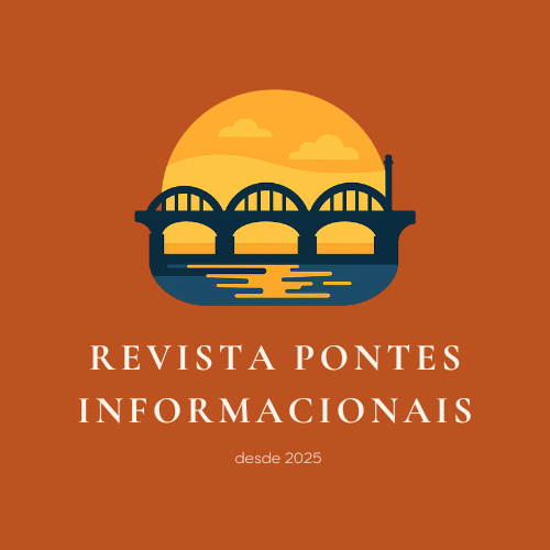 Miniatura da Revista Pontes Informacionais. A imagem apresenta uma ilustração estilizada da Ponte General Osório, com três arcos sobre um rio, retratada em tons escuros que contrastam com um pôr do sol vibrante em amarelo e laranja ao fundo. O céu contém nuvens suaves, e a água reflete as cores do céu. Abaixo da ponte, em letras serifadas brancas sobre um fundo laranja-terra, está escrito: "Revista Pontes Informacionais", seguido da frase "desde 2025".
