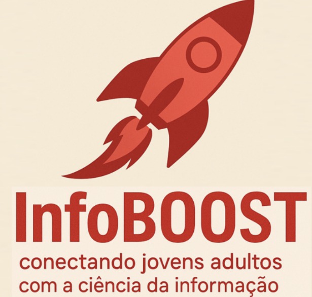 Logotipo da revista InfoBOOST: um foguete vermelho escuro estilizado aponta para cima, simbolizando impulso e inovação, posicionado acima do nome 'InfoBOOST' escrito em letras vermelhas. Abaixo do nome, está o subtítulo da revista em letras minúsculas: 'conectando jovens adultos com a ciência da informação'. O fundo é claro, proporcionando contraste e legibilidade.
