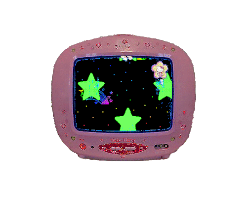 GIF de uma TV rosa exibindo uma tela preta com estrelas piscando.