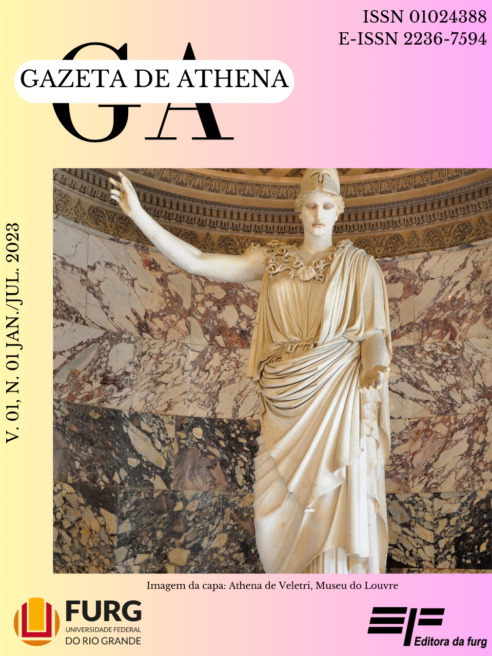 Capa da revista, em tons de rosa e amarelo, com a logo e informações. Uma foto de uma Estátua de Athena do Museu Louvre.